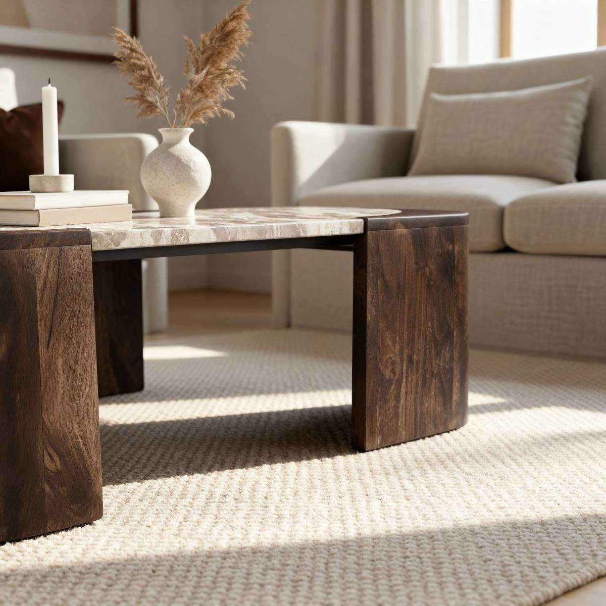 Table basse ovale en bois de manguier et marbre Agnès