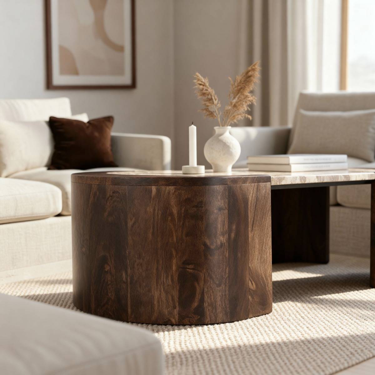 Table basse ovale en bois de manguier et marbre Agnès