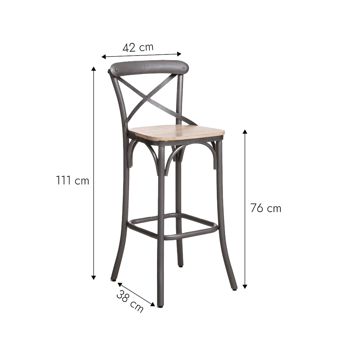 Tabouret de bar en métal gris et assise en bois de manguier naturel 