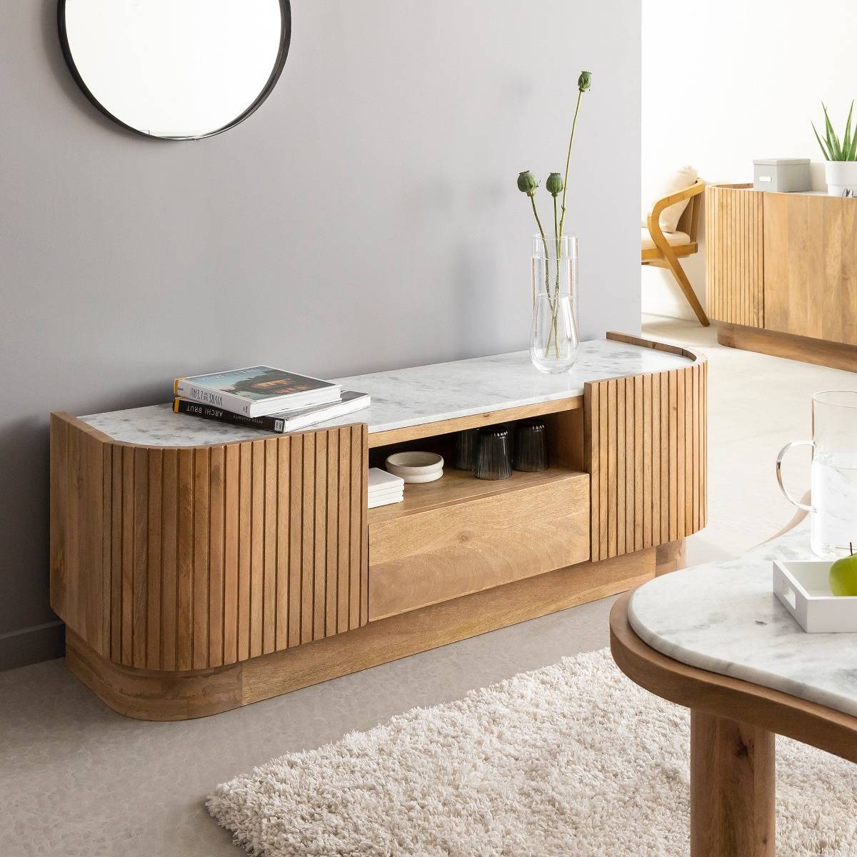 Meuble TV en bois de manguier et marbre Adler