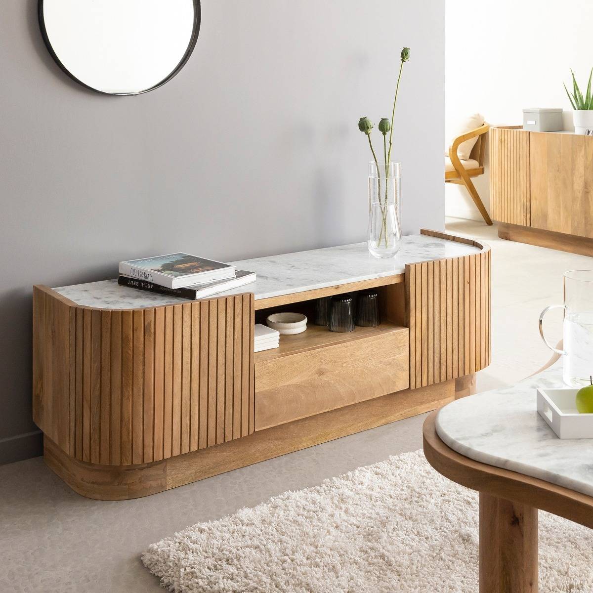 Meuble TV en bois de manguier et marbre Adler