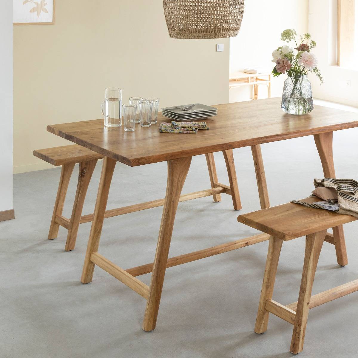 Table à manger haute + 2 bancs en bois d'acacia Orane