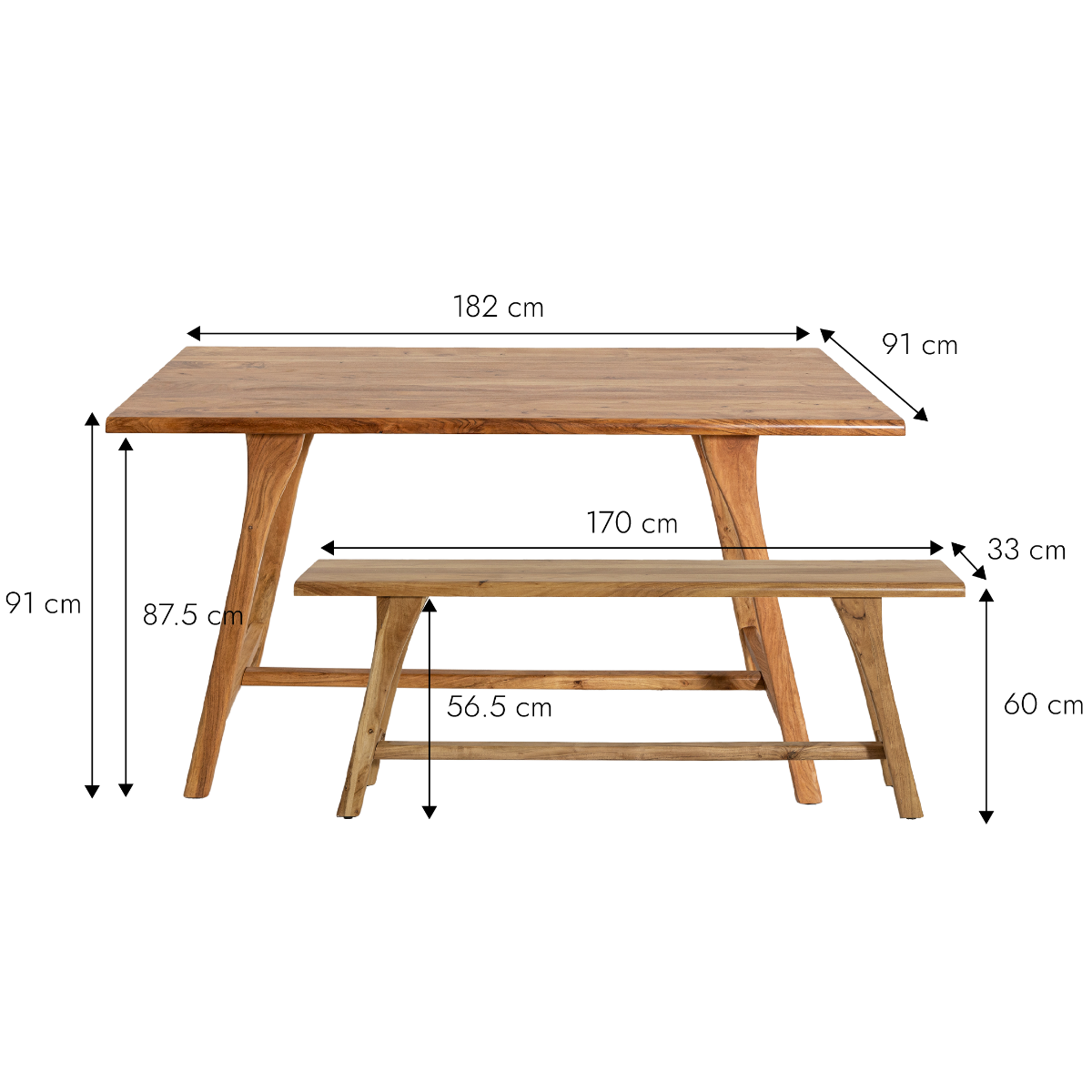 Table à manger haute + 2 bancs en bois d'acacia Orane