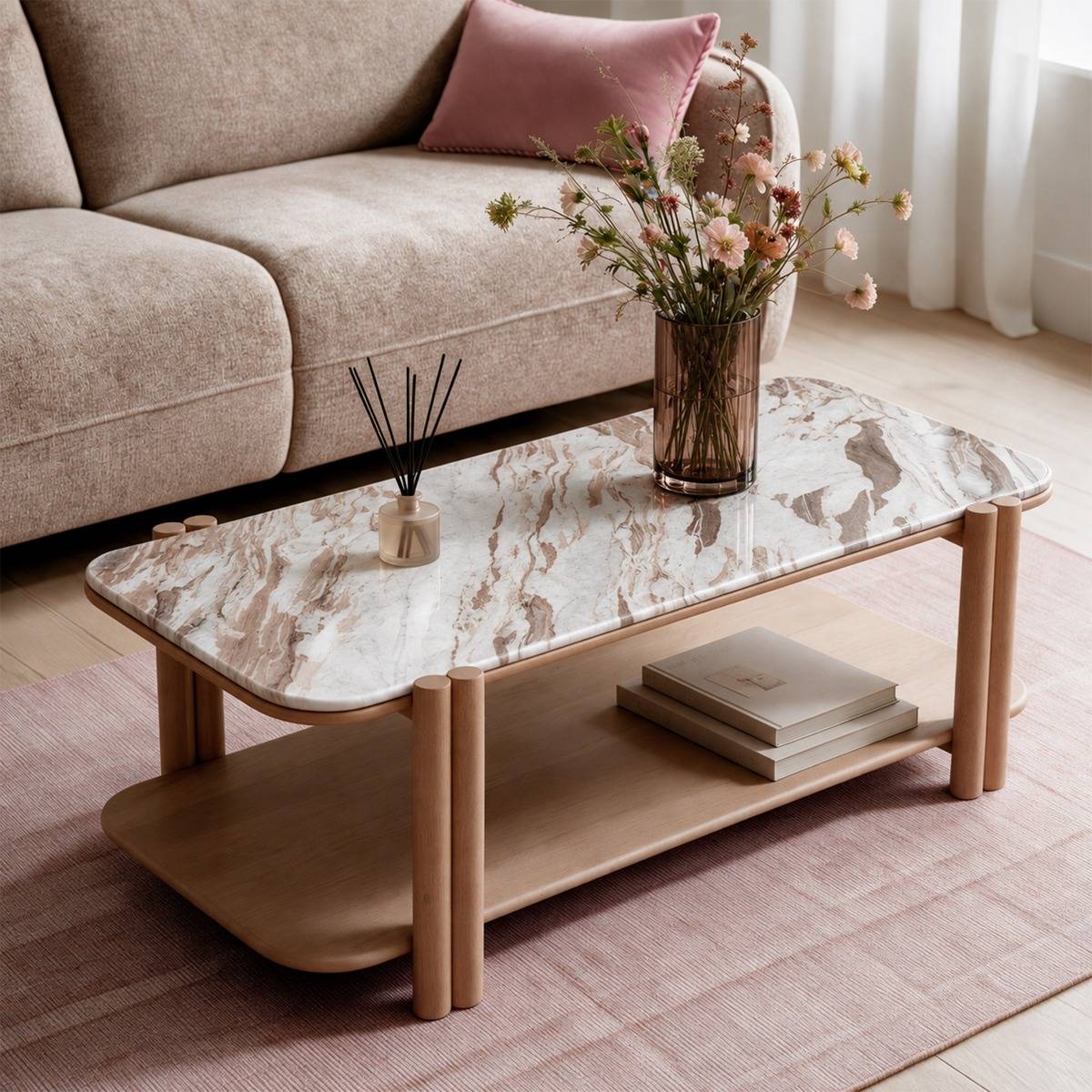 Table basse en bois de manguier et en marbre Amély