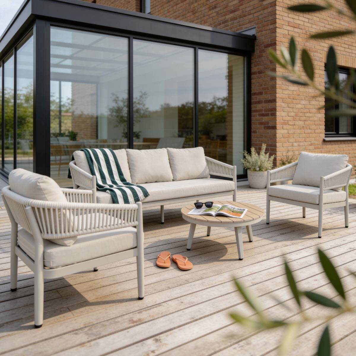 Salon de jardin à cordes 5 places gris taupe Sayen