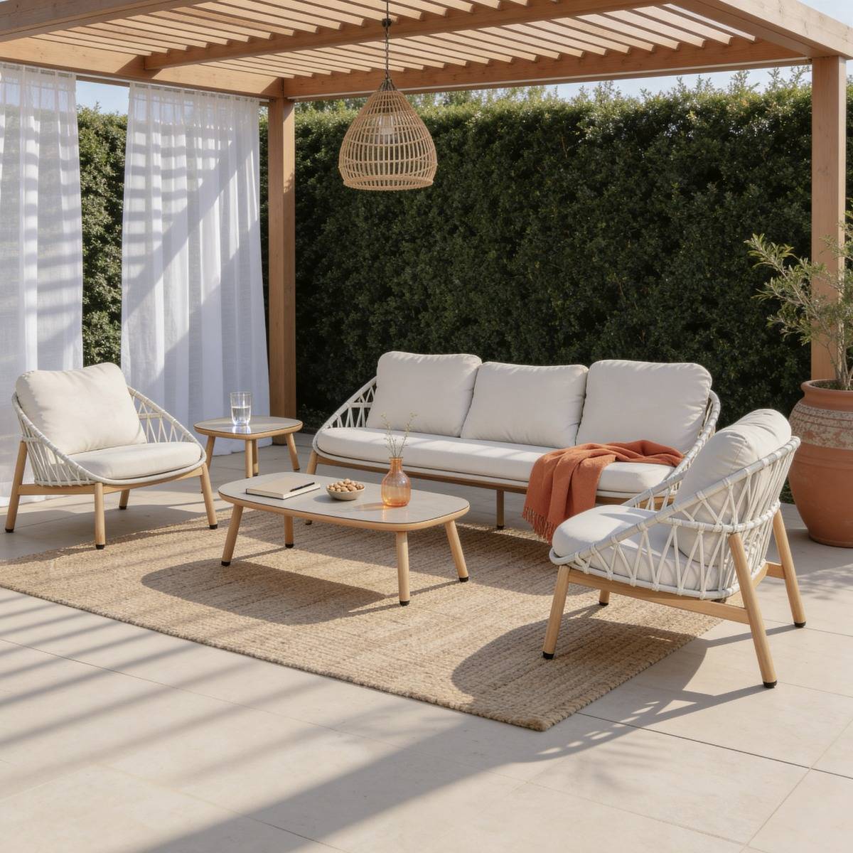 Salon de jardin à cordes 5 places gris clair Sayen