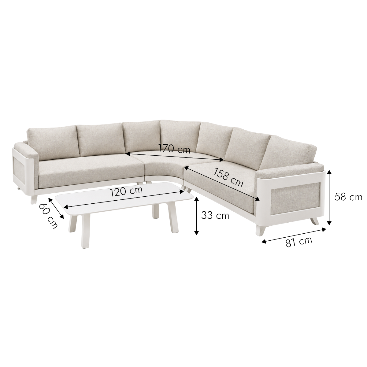 Salon de jardin d'angle en aluminium et tissu taupe Yanna