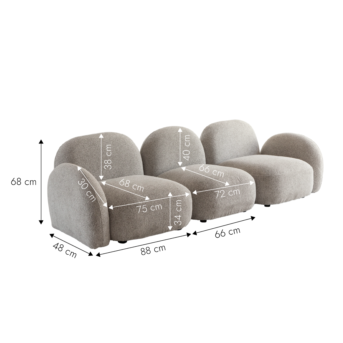 Canapé 3 modules en tissu bouclette gris Calya