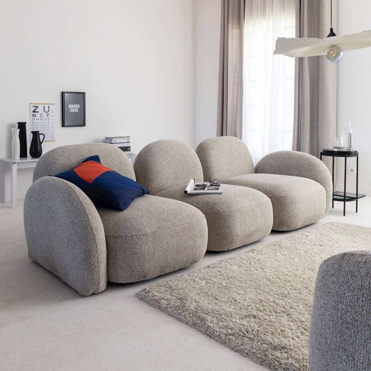 Canapé 3 modules en tissu bouclette gris Calya