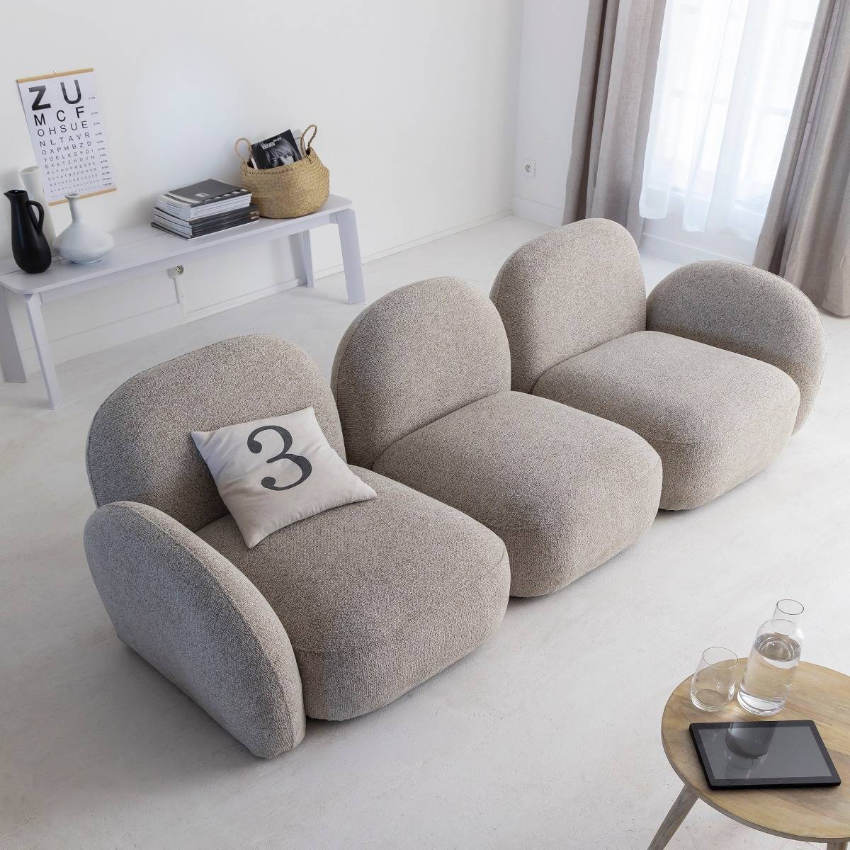 Canapé 3 modules en tissu bouclette gris Calya