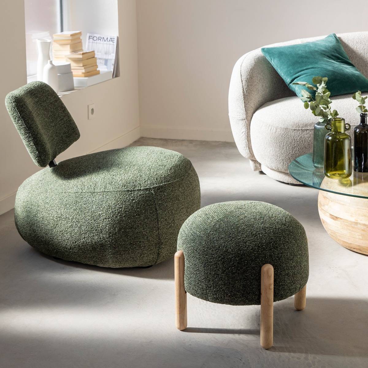 Tabouret en tissu bouclette vert Calya