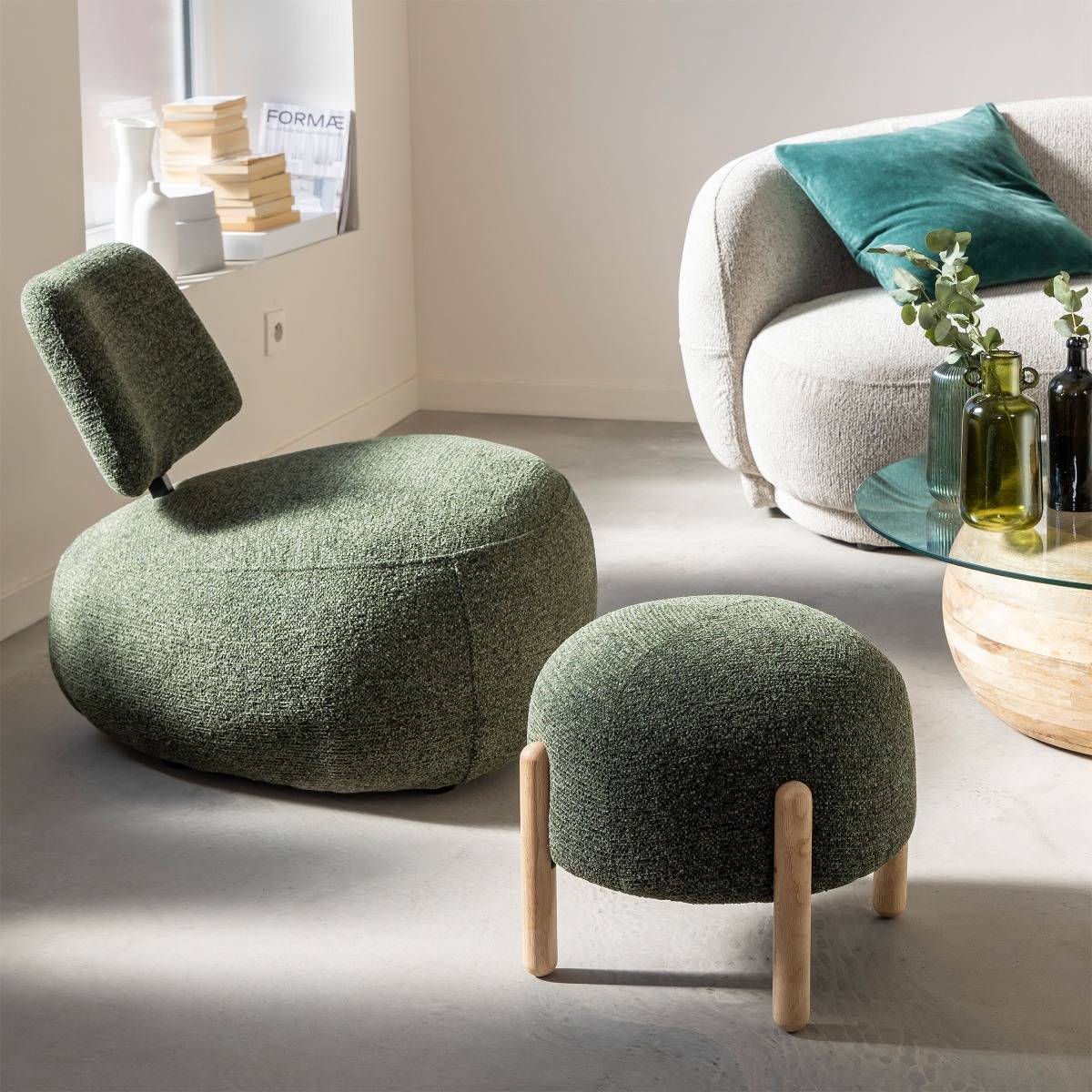 Fauteuil en tissu bouclette avec dossier vert Calya