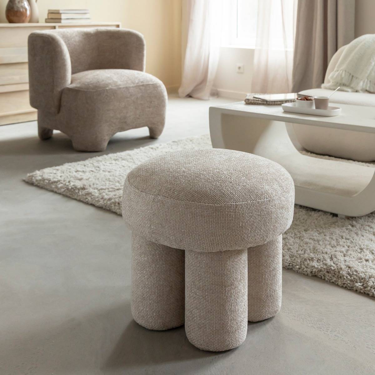 Petit tabouret en tissu écru Toby