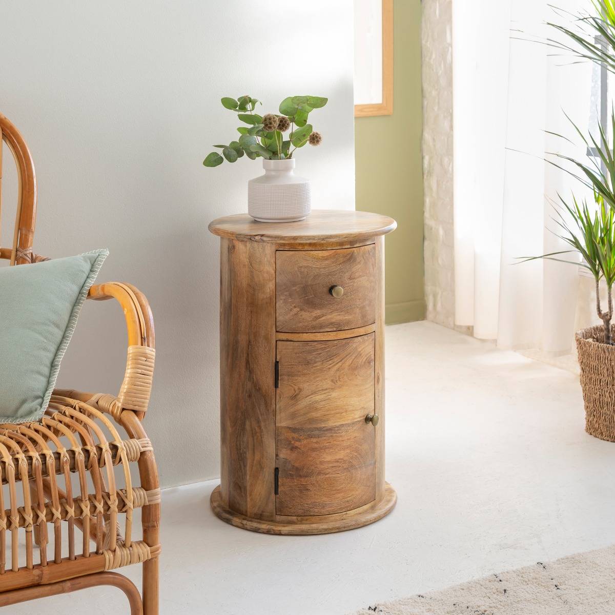 Table de chevet ronde en bois de manguier avec porte Maëva