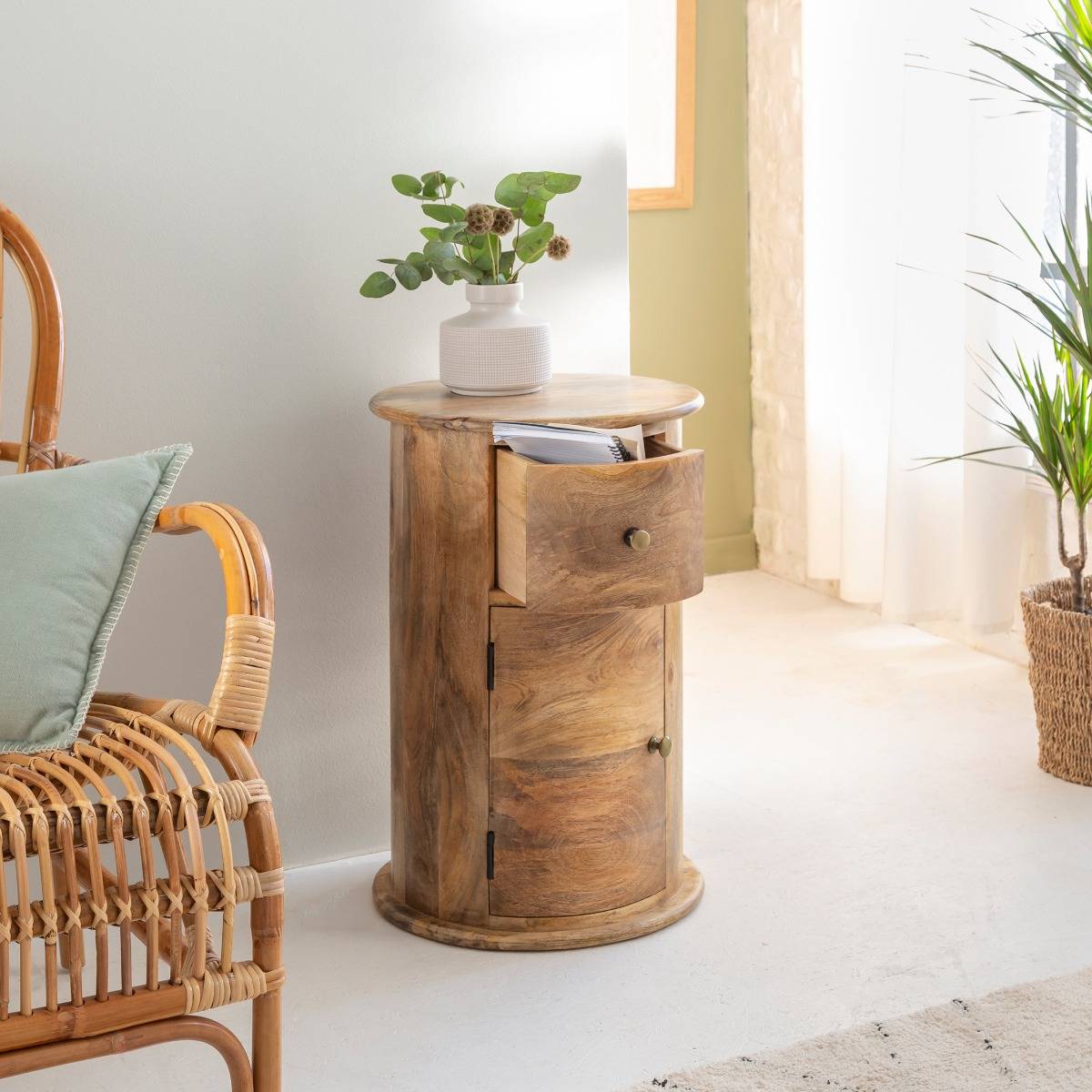Table de chevet ronde en bois de manguier avec porte Maëva
