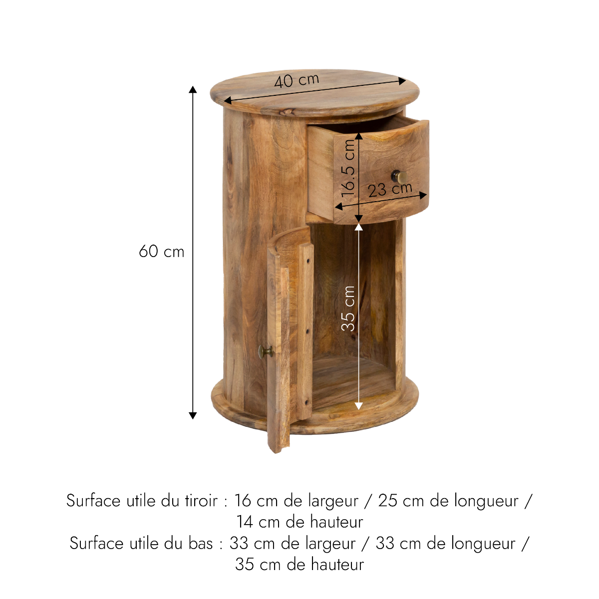 Table de chevet ronde en bois de manguier avec porte Maëva