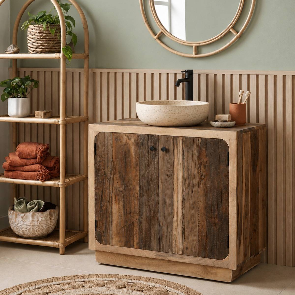 Meuble sous vasque en bois de manguier et bois recyclé Barry