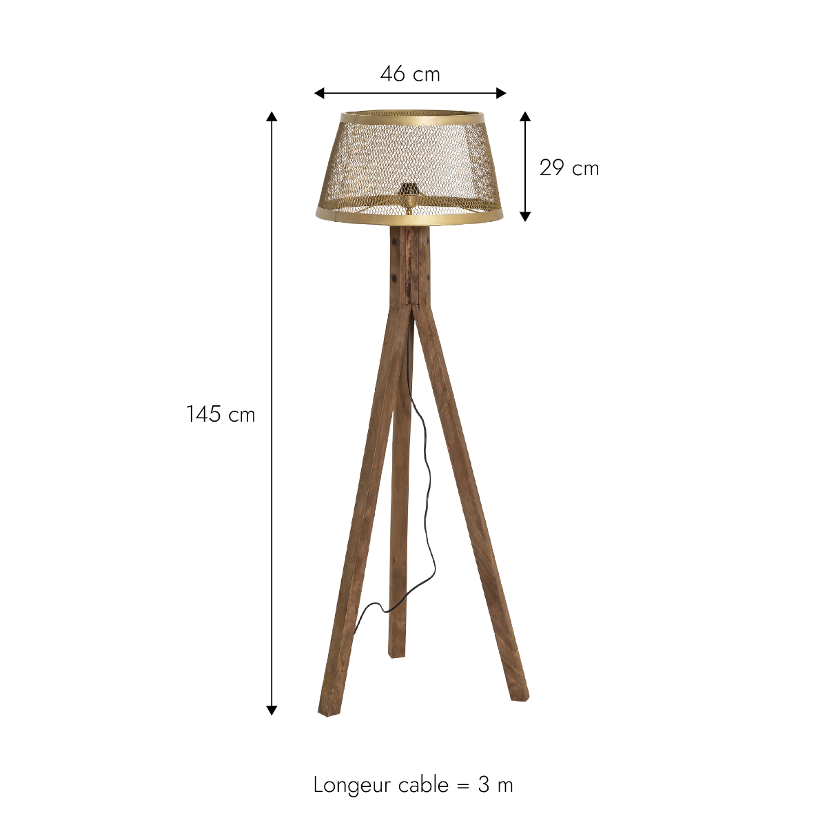 Lampe trépied en bois de manguier et métal Marcello