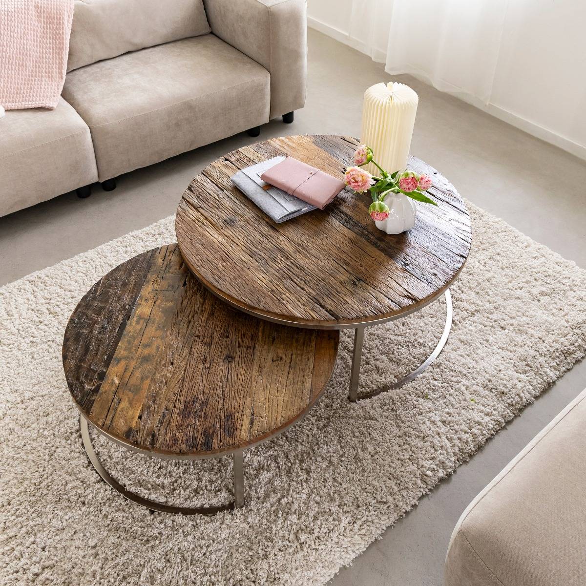 Table basse gigogne ronde en bois recyclé Milla