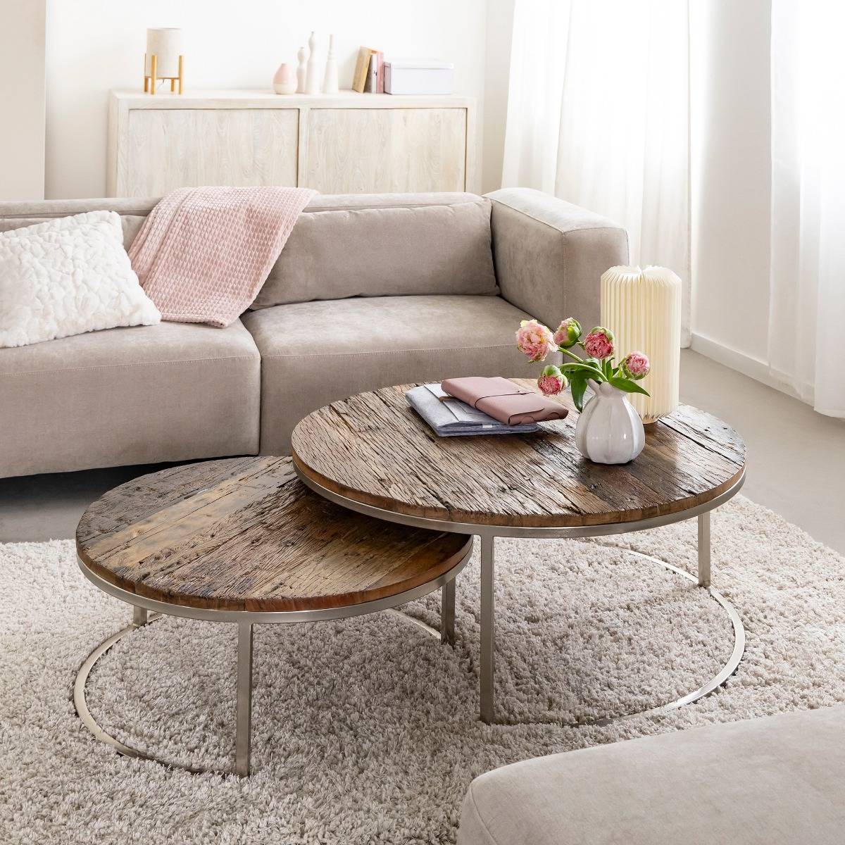 Table basse gigogne ronde en bois recyclé Milla