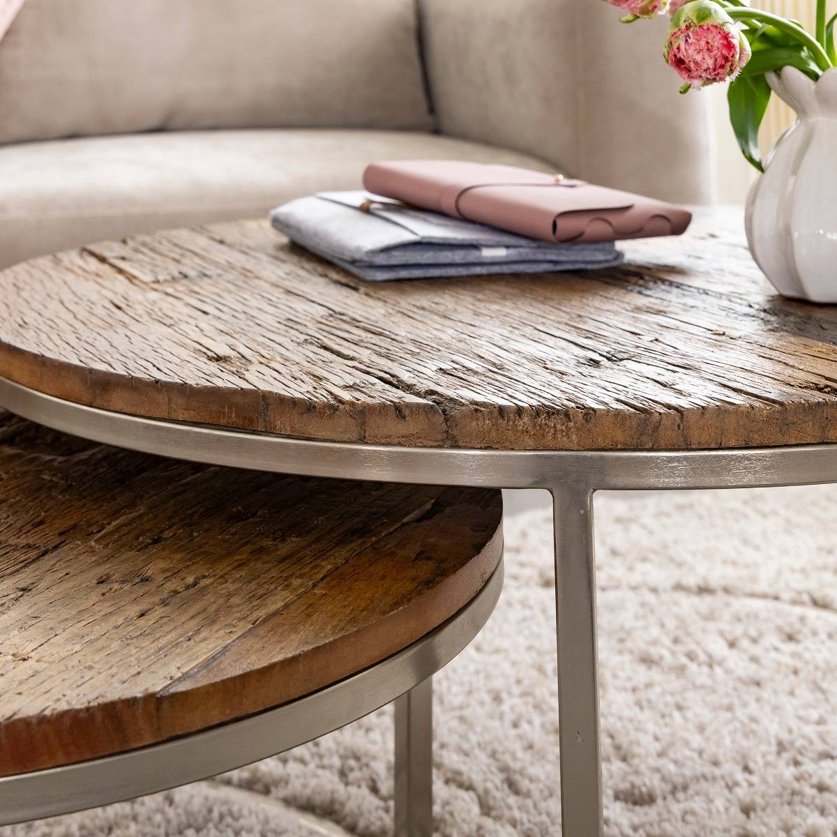 Table basse gigogne ronde en bois recyclé Milla