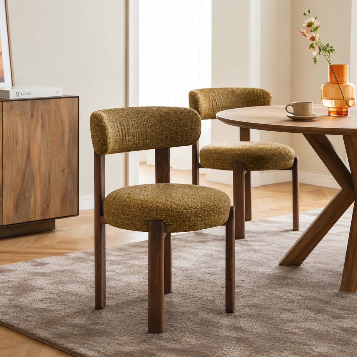 Chaise en tissu kaki et métal effet bois Manon (lot de 2)