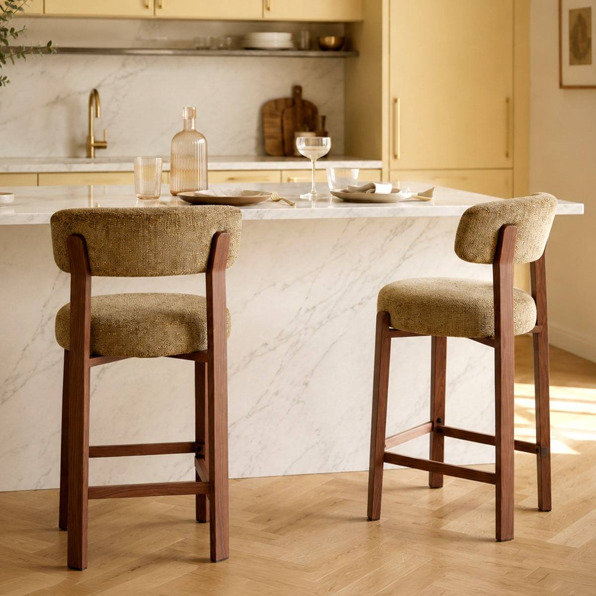 Tabouret de bar en tissu vert et métal effet bois Manon (lot de 2)