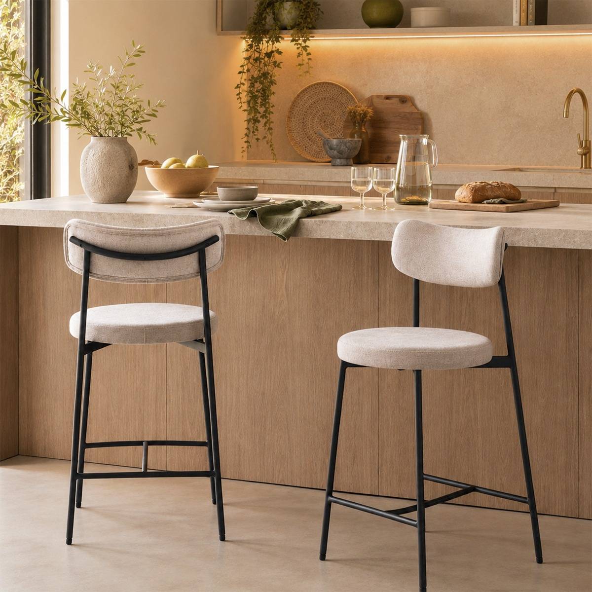 Tabouret de bar en tissu écru et pieds en métal Nila (lot de 2)
