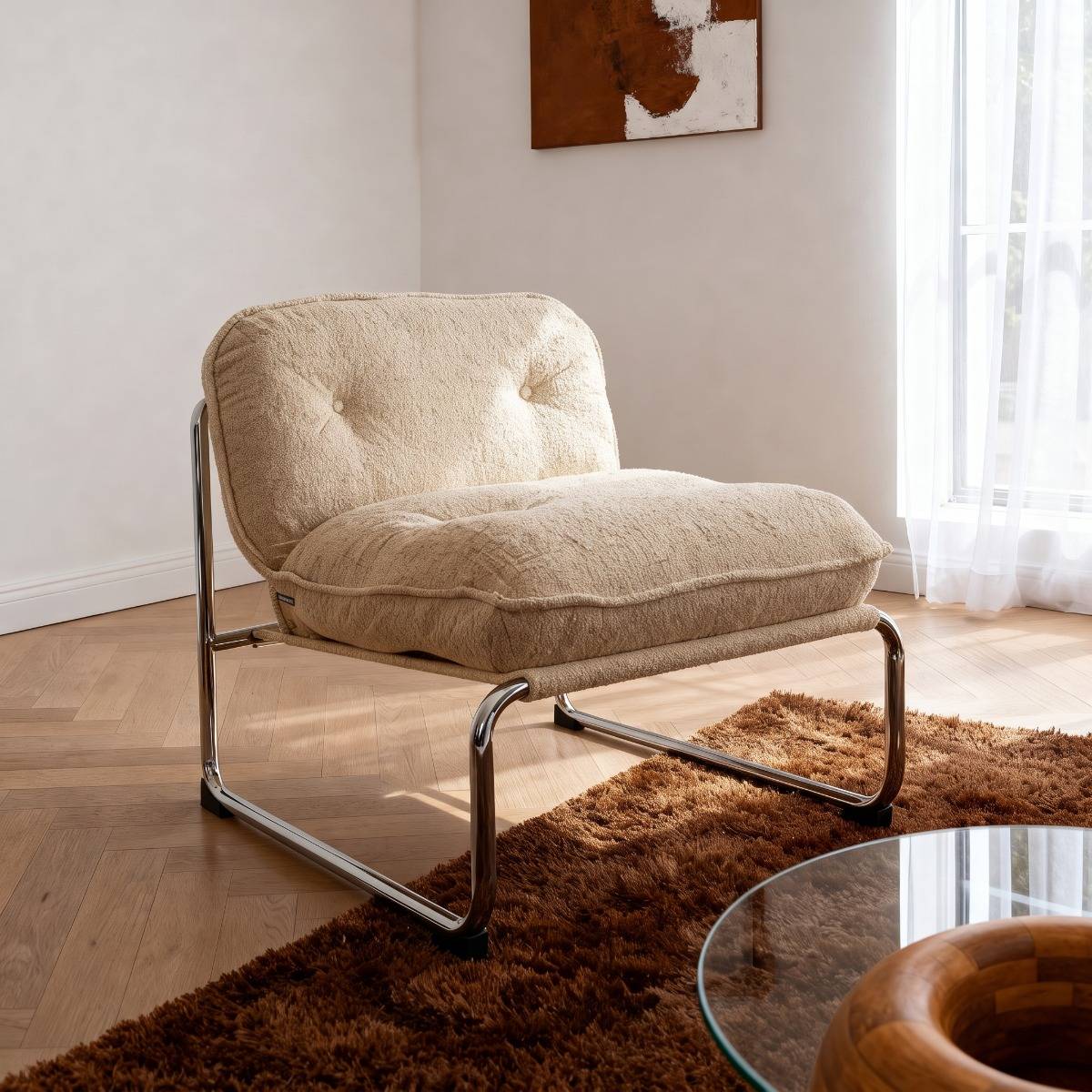 Fauteuil en tissu écru et pieds en chrome Chelsea