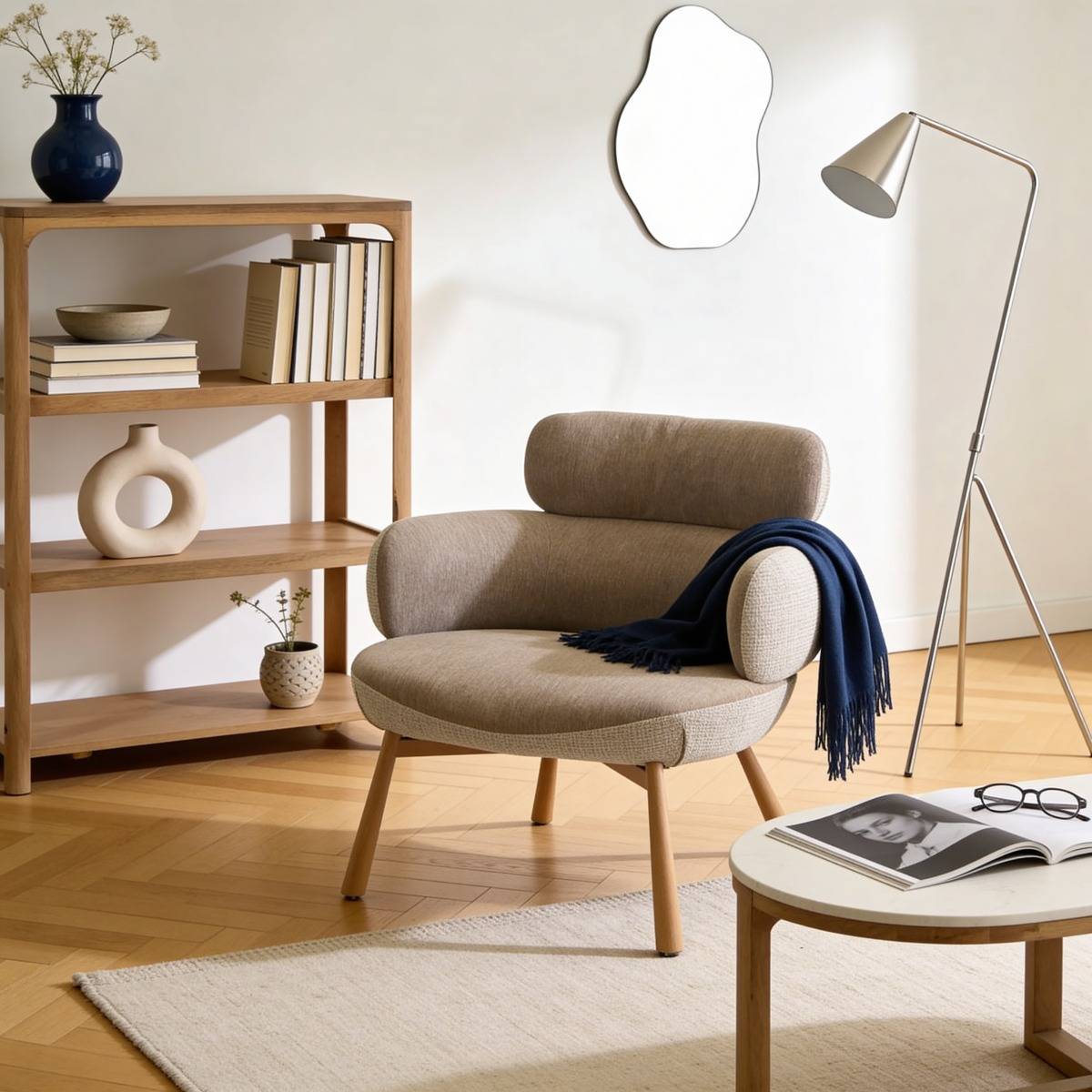 Fauteuil en tissu taupe et pieds en métal effet bois Aléa