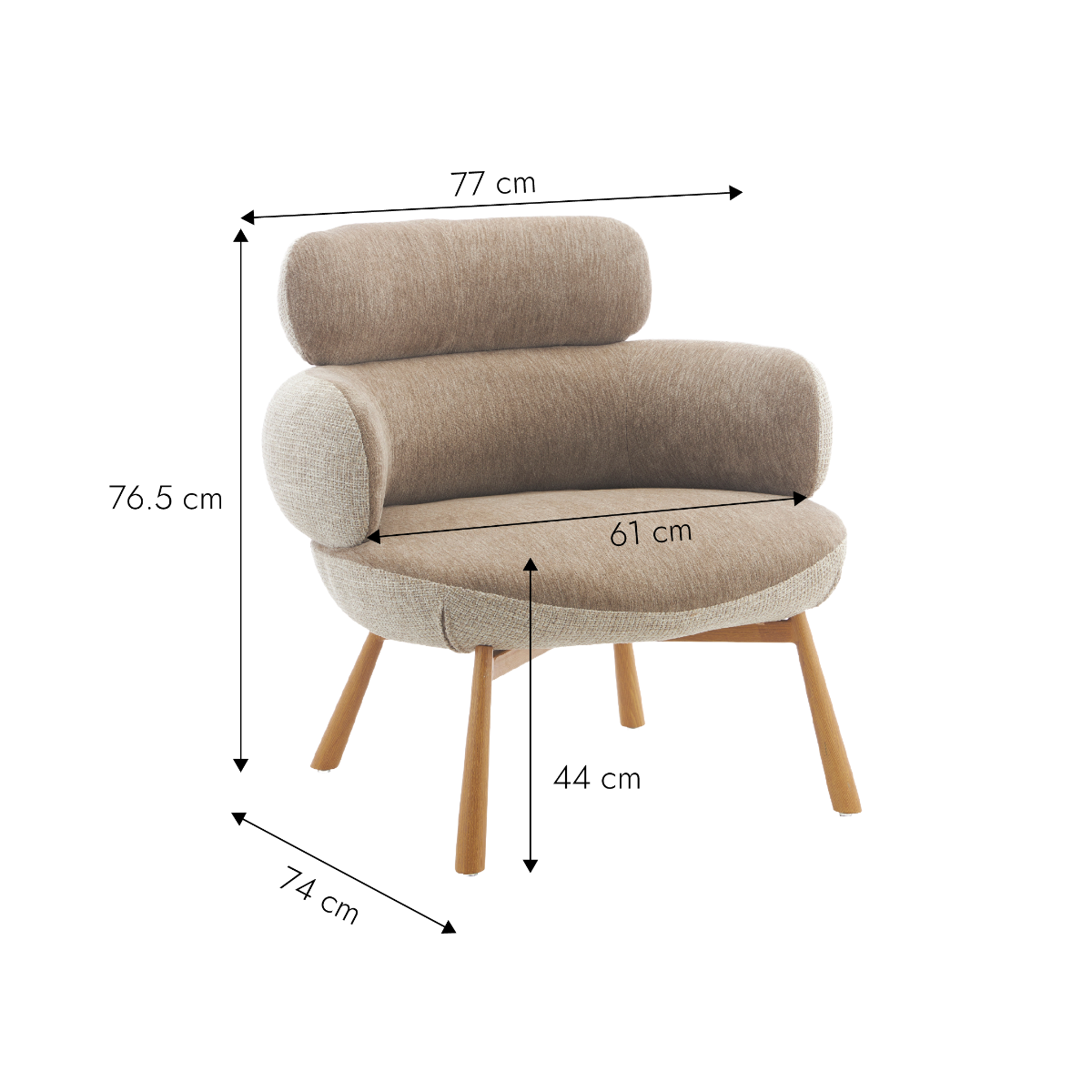 Fauteuil en tissu taupe et pieds en métal effet bois Aléa