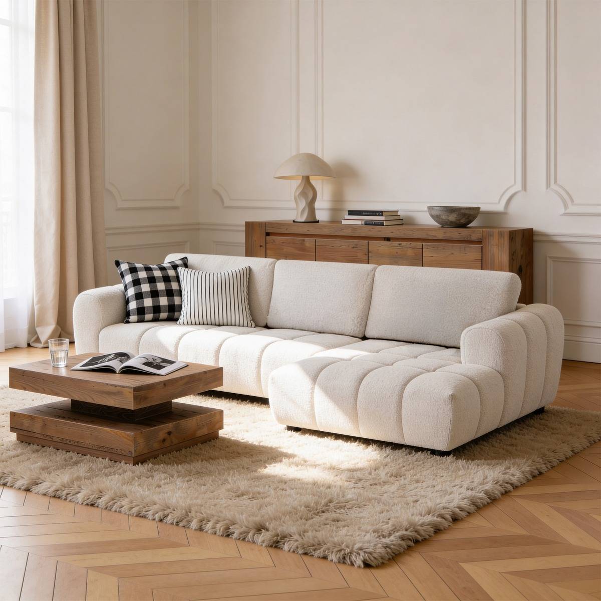 Canapé d'angle gauche en tissu beige Syrel