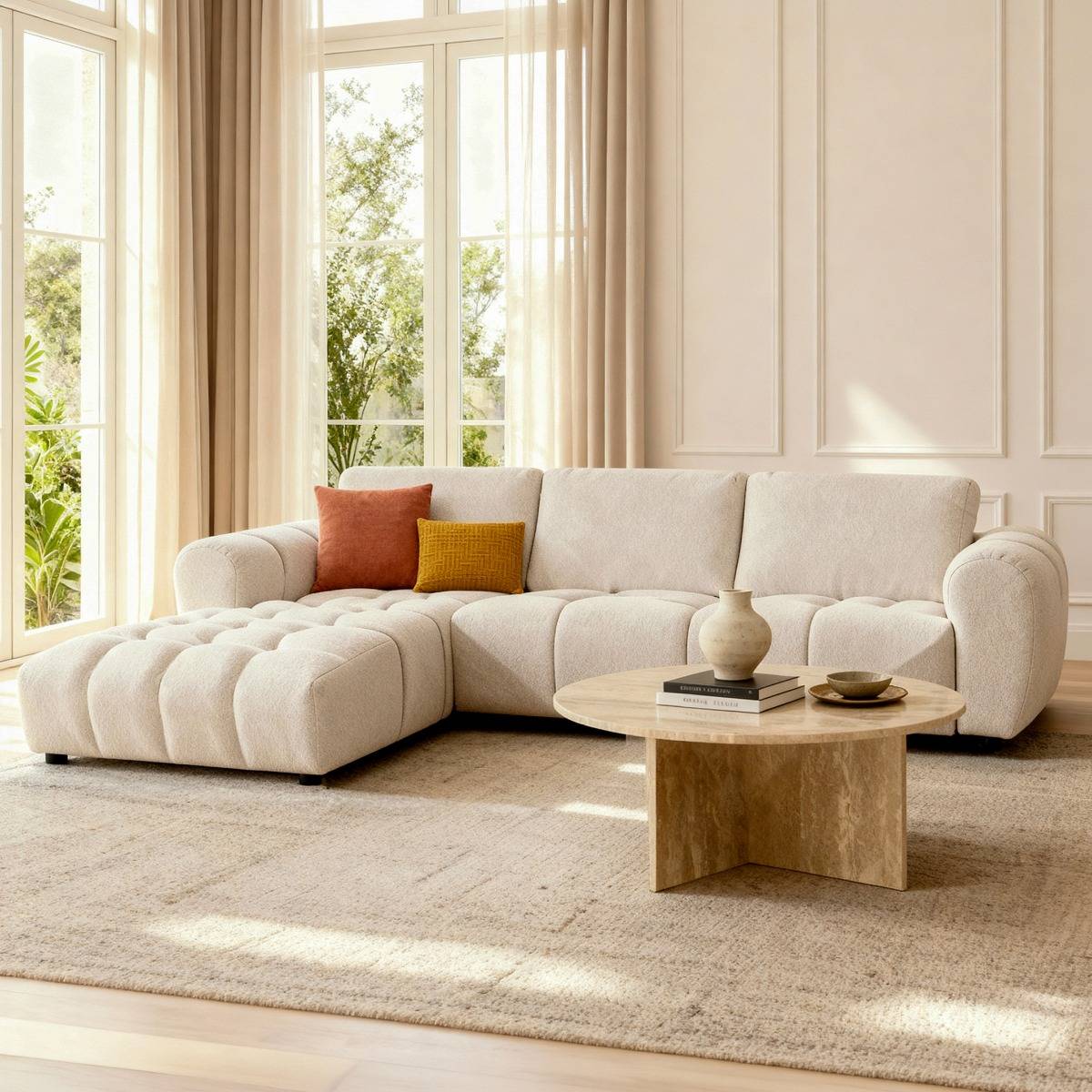 Canapé d'angle droit en tissu beige Syrel