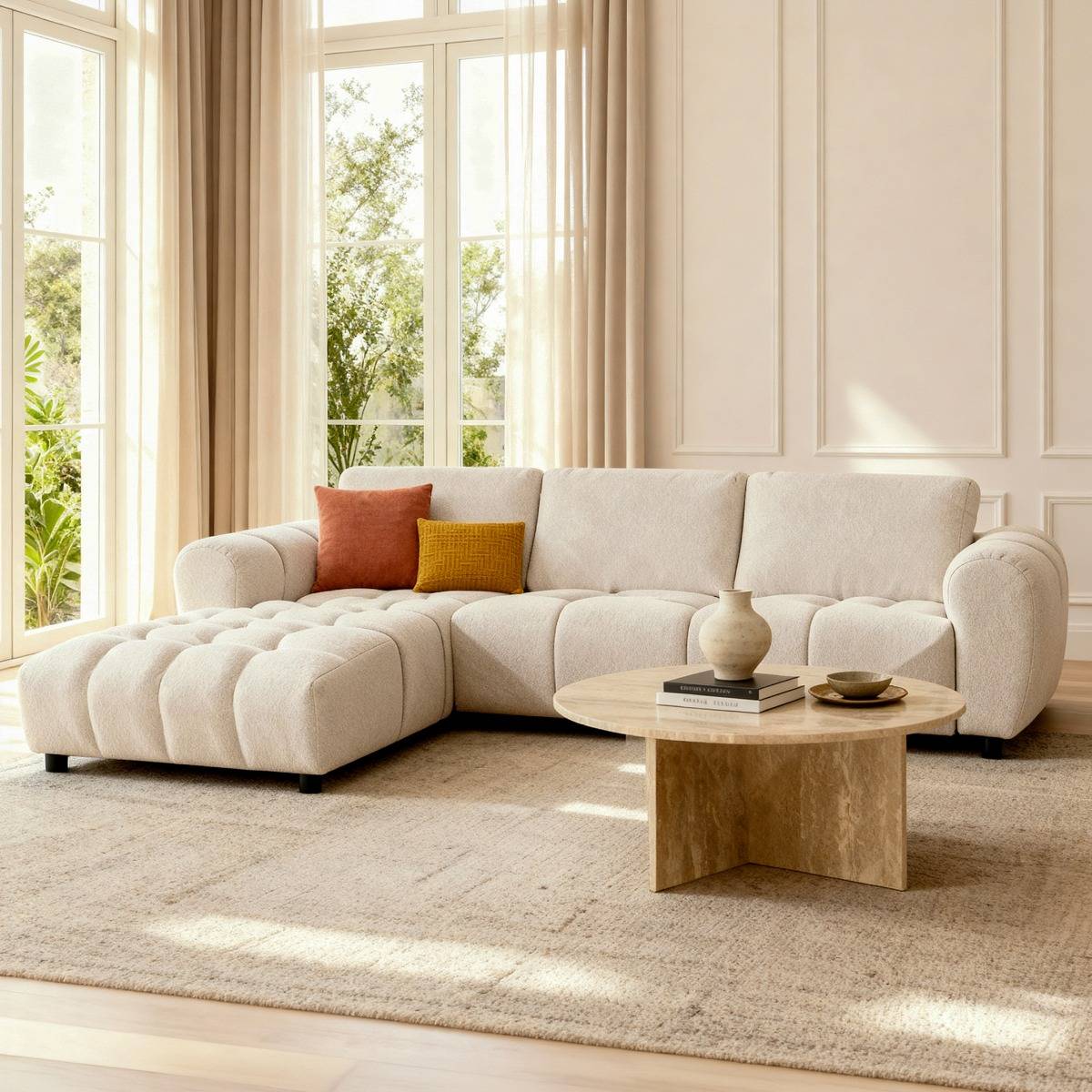 Canapé d'angle gauche en tissu beige Syrel