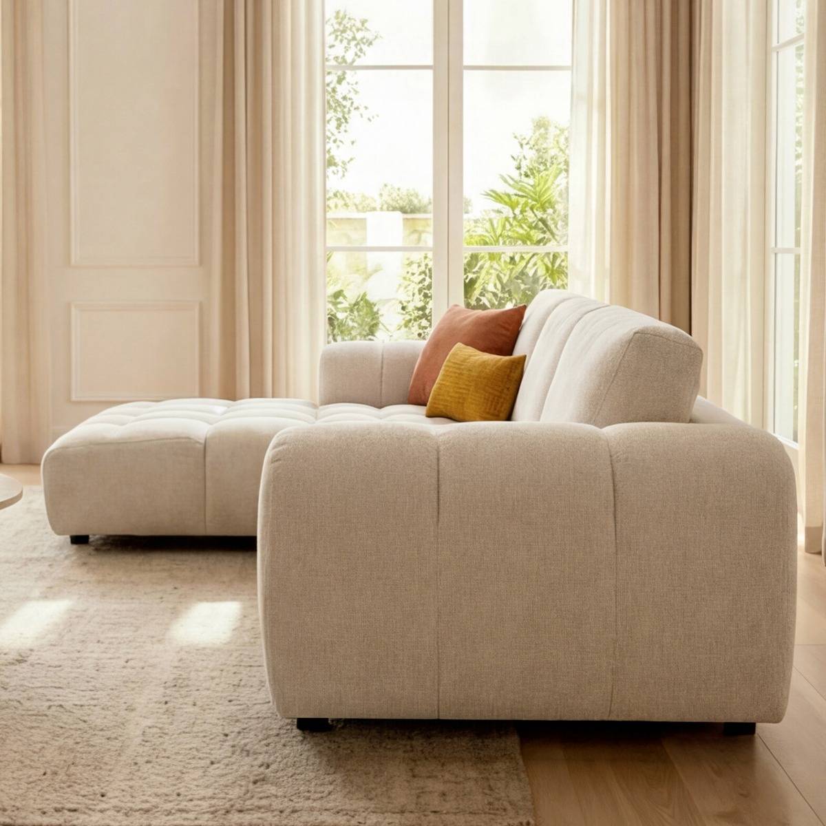 Canapé d'angle droit en tissu beige Syrel