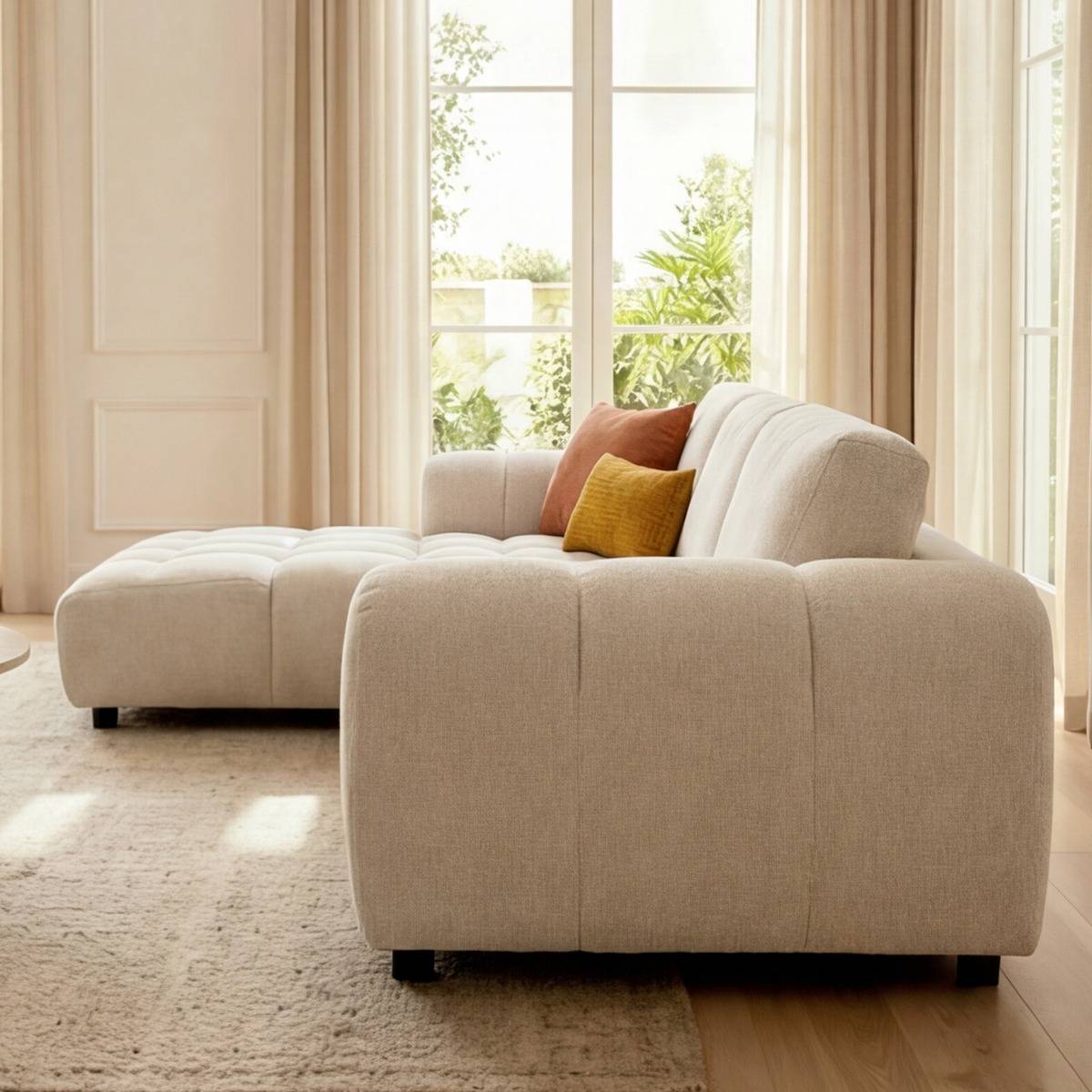 Canapé d'angle gauche en tissu beige Syrel