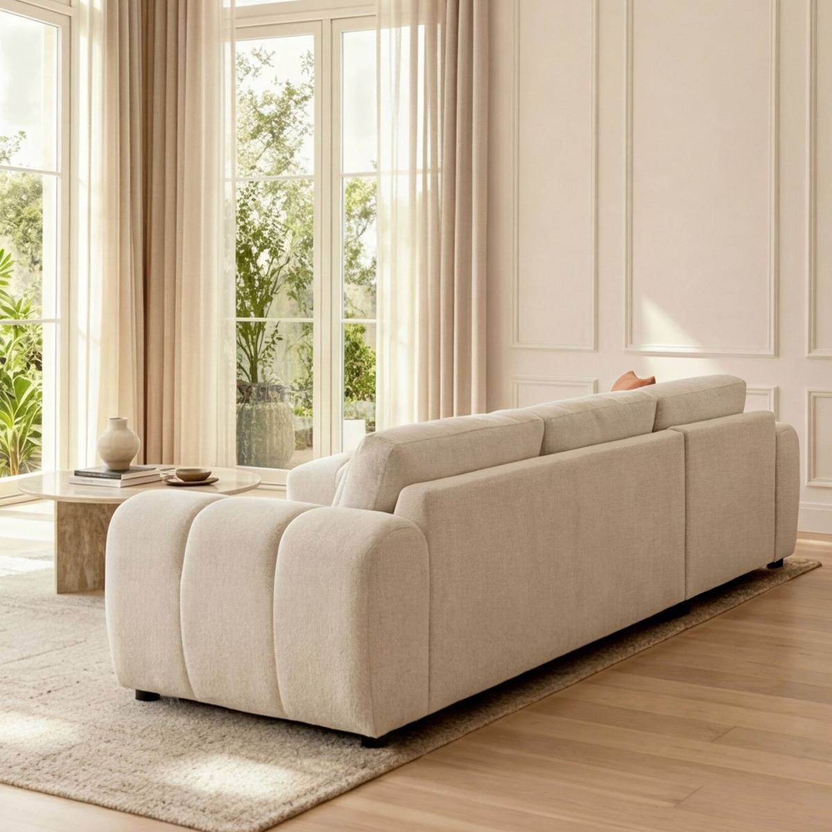 Canapé d'angle droit en tissu beige Syrel