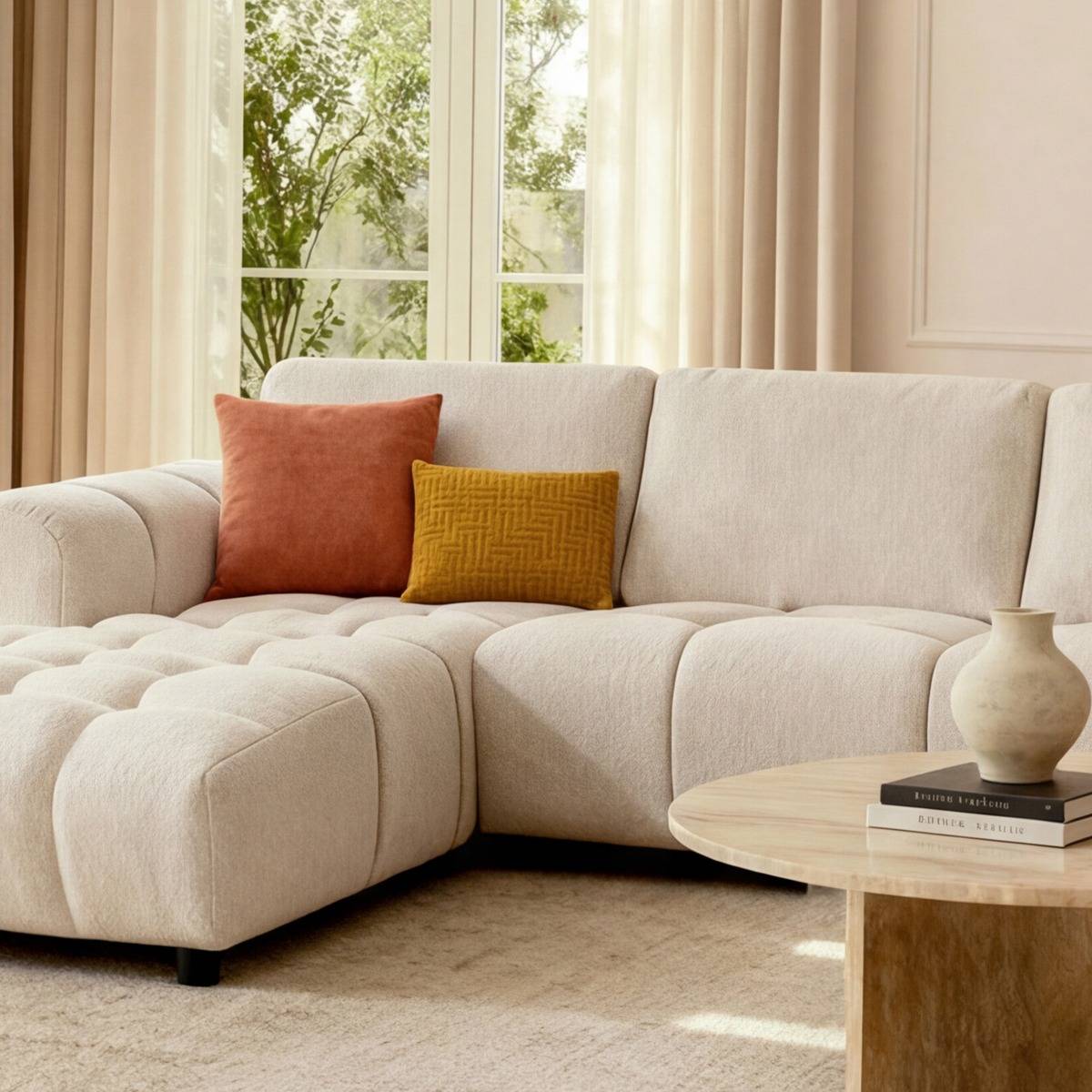 Canapé d'angle gauche en tissu beige Syrel