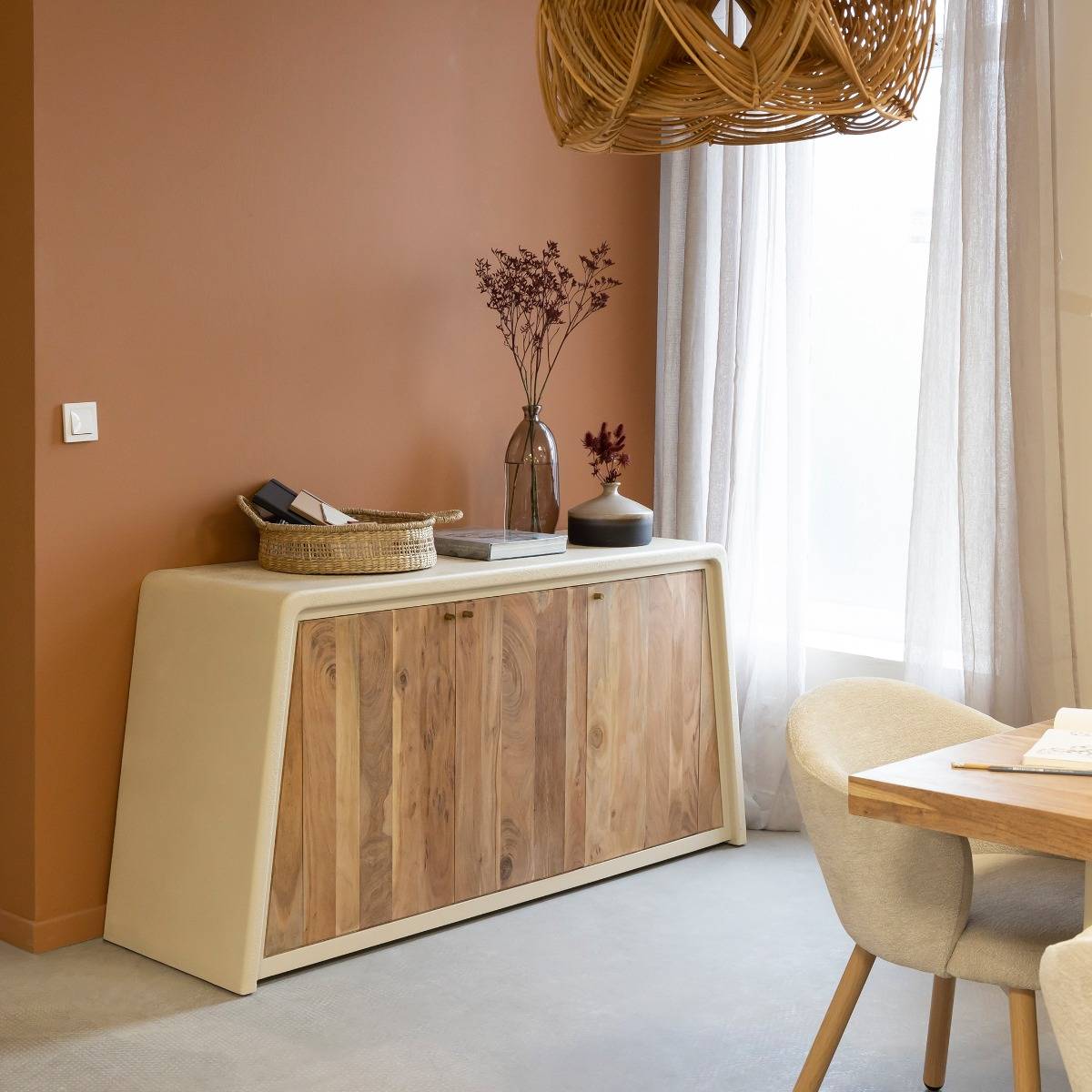 Buffet 3 portes en bois d'acacia et bois effet béton Dalva