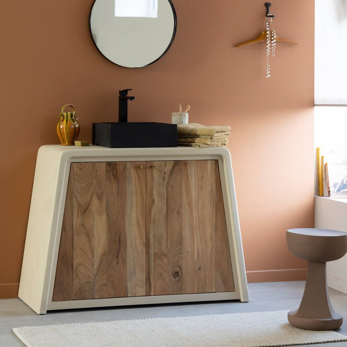 Meuble sous vasque 2 portes en bois d'acacia et bois effet béton Dalva