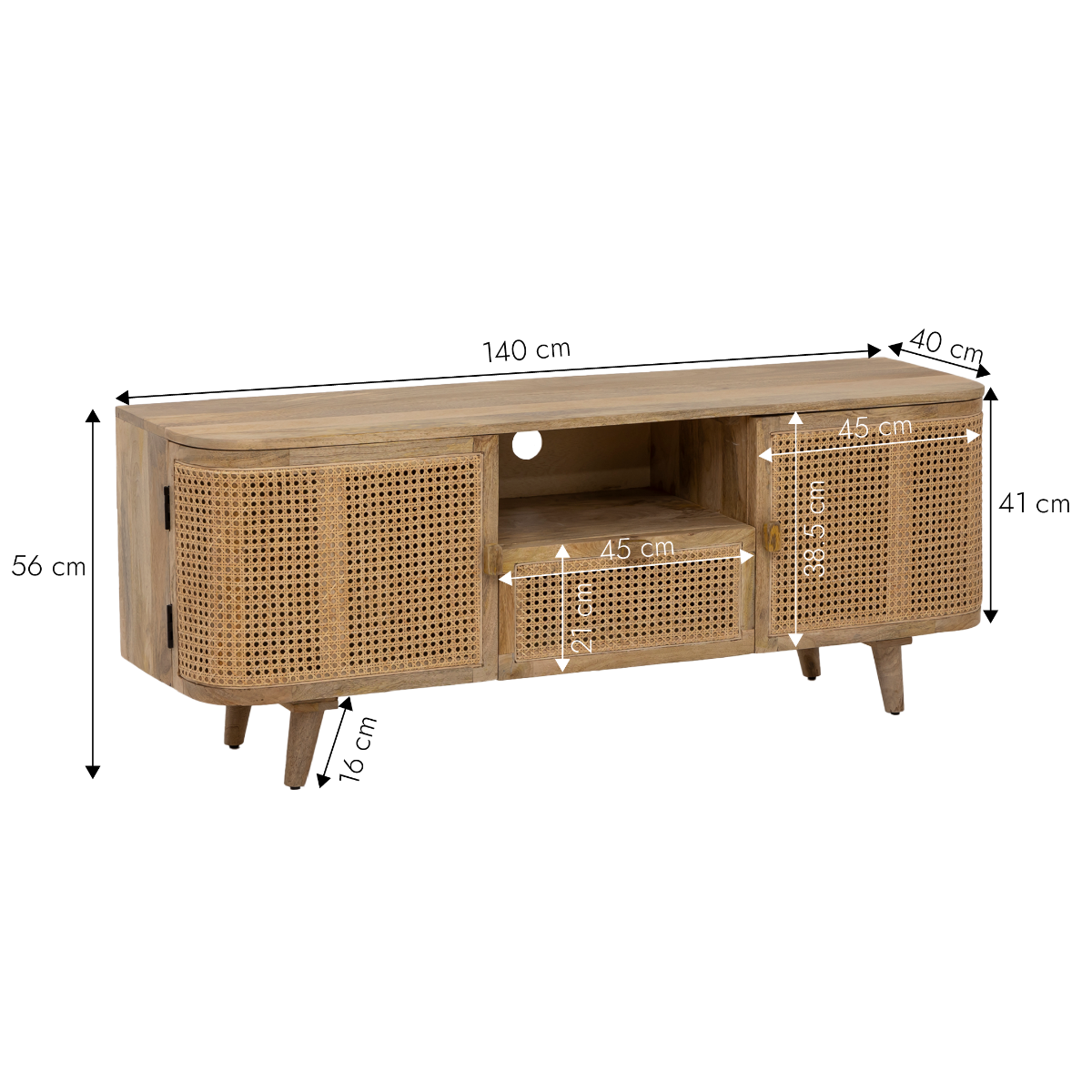 Meuble TV en bois de manguier et cannage Palma