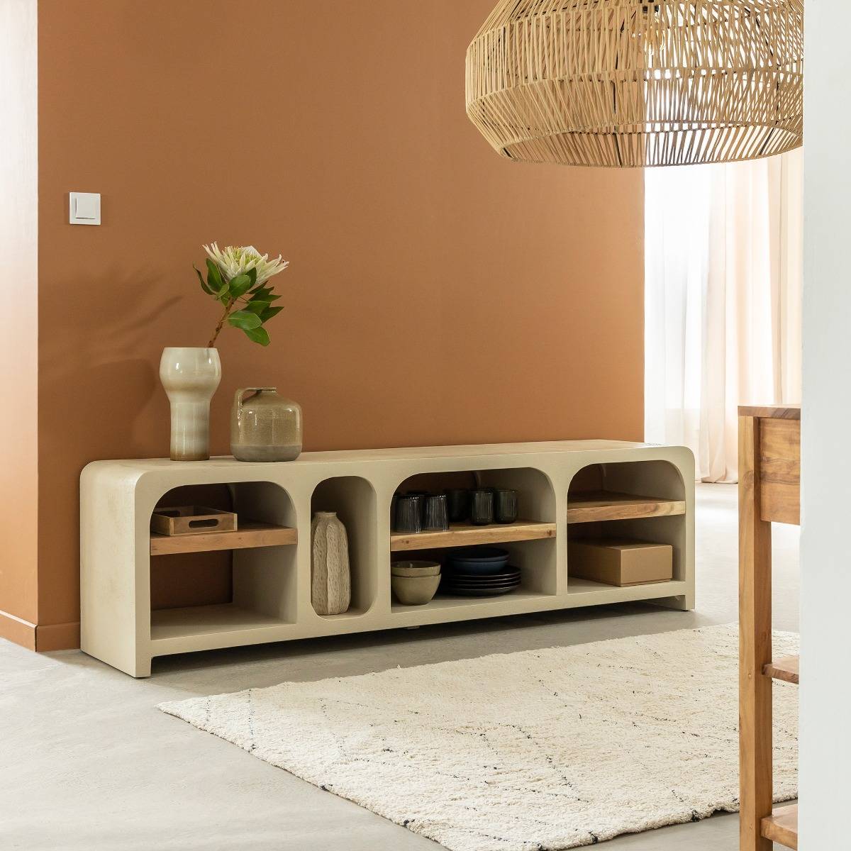 Meuble TV avec étagères effet béton et bois recyclé Dalva