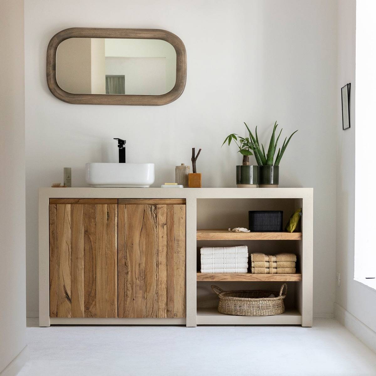 Meuble sous vasque effet béton en bois recyclé Dalva
