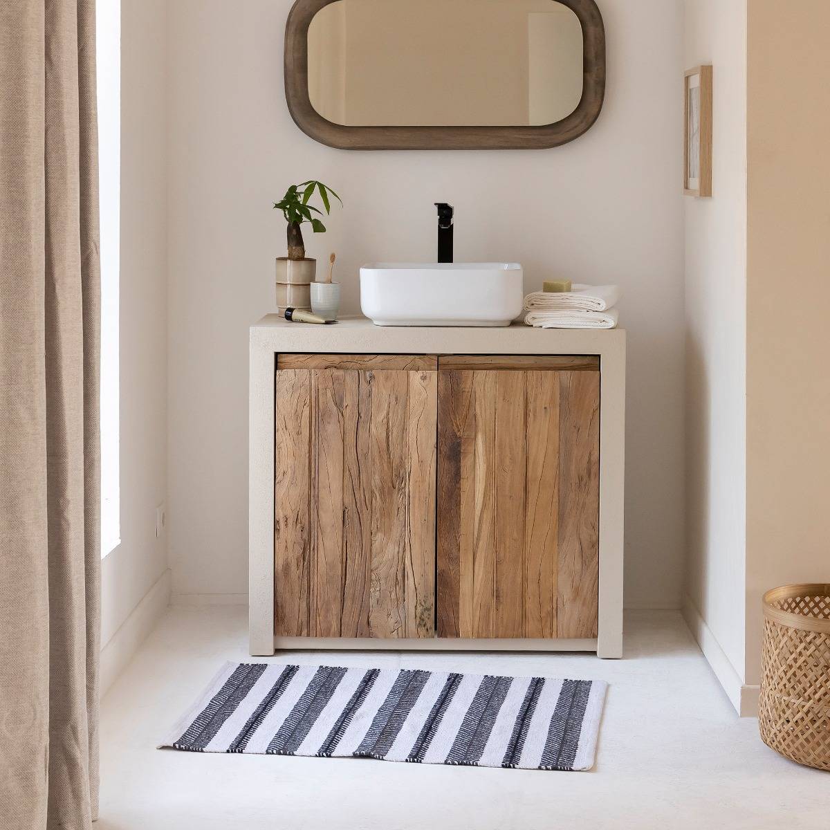 Meuble sous vasque 2 portes effet béton et bois recyclé Dalva