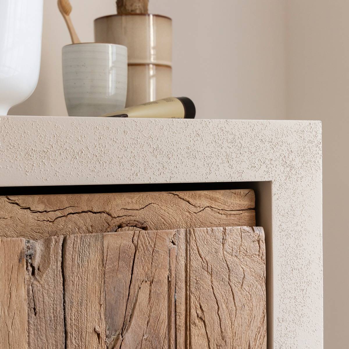 Meuble sous vasque 2 portes effet béton et bois recyclé Dalva