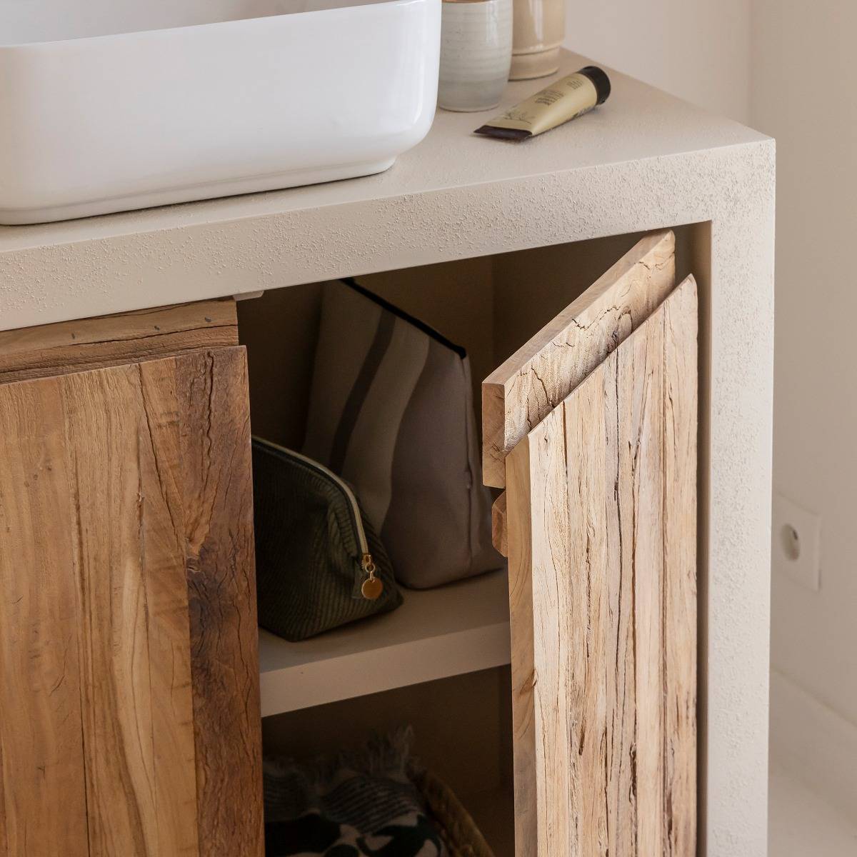 Meuble sous vasque 2 portes effet béton et bois recyclé Dalva
