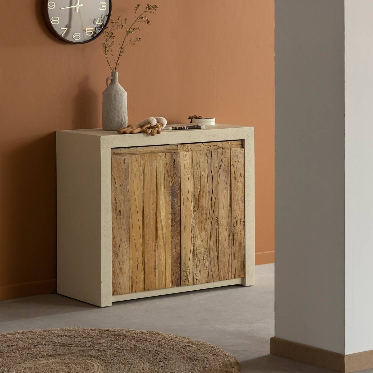 Petit buffet 2 portes effet béton et bois recyclé Dalva