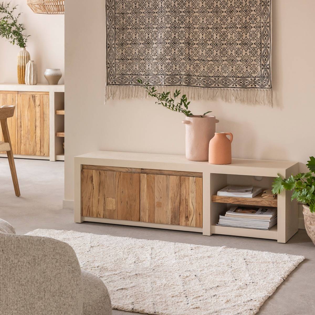 Meuble TV 2 portes et 1 étagère effet béton et bois recyclé Dalva