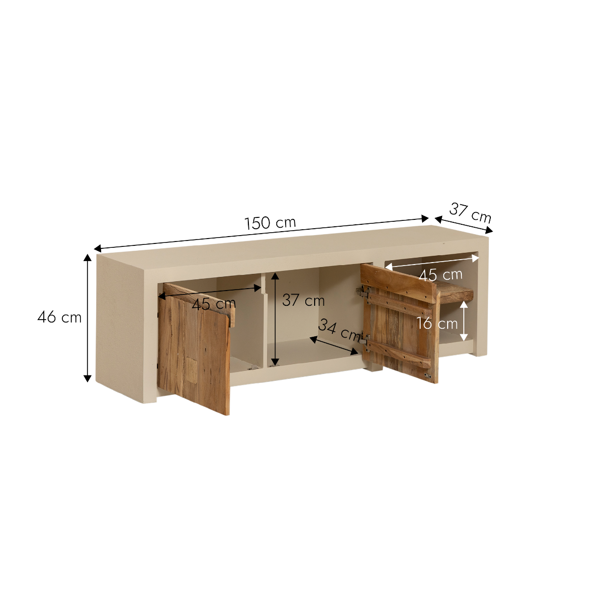 Meuble TV 2 portes et 1 étagère effet béton et bois recyclé Dalva