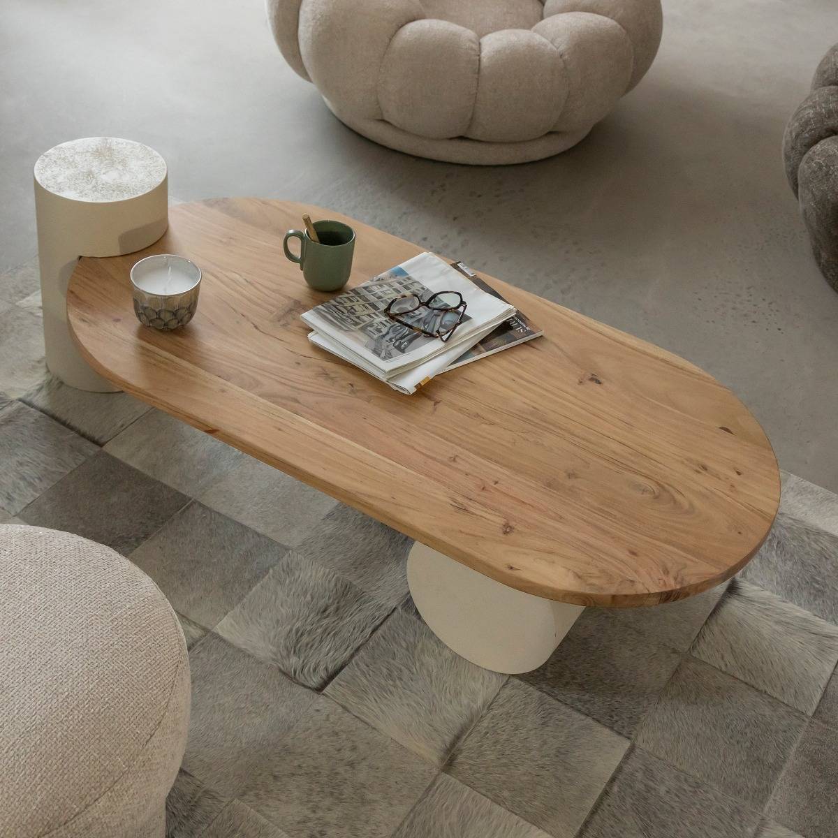 Table basse ovale en bois effet béton et bois d'acacia Dalva